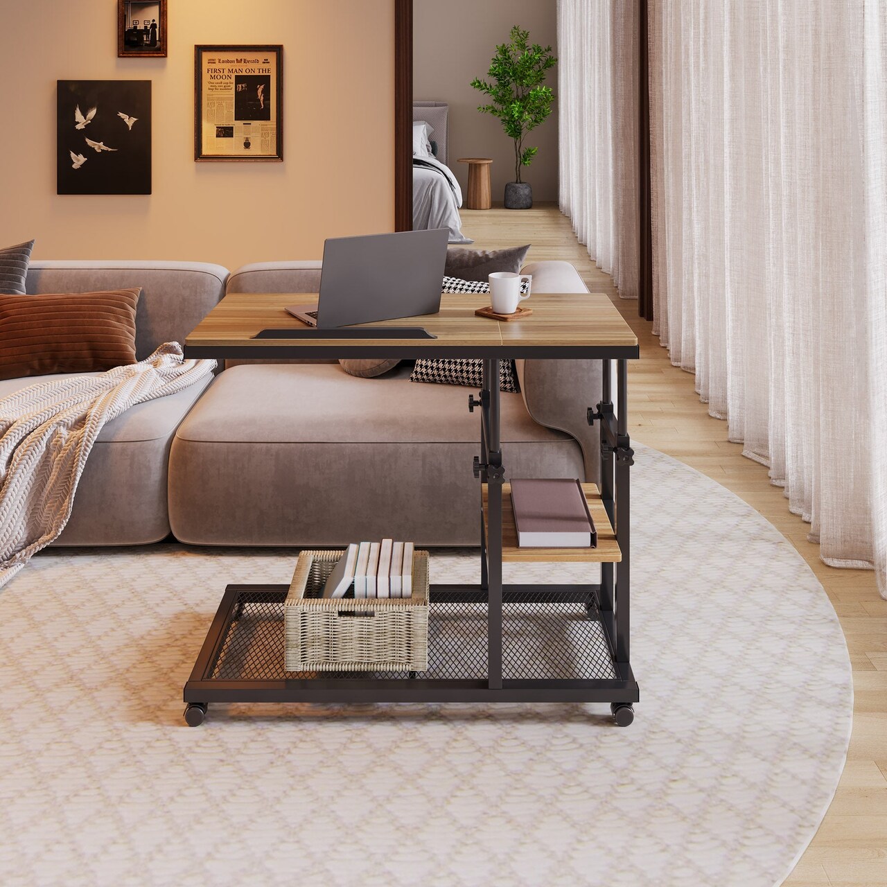 Adjustable Height C Shaped Rolling Table Tilting Top Laptop Snack Side Table with Wheels